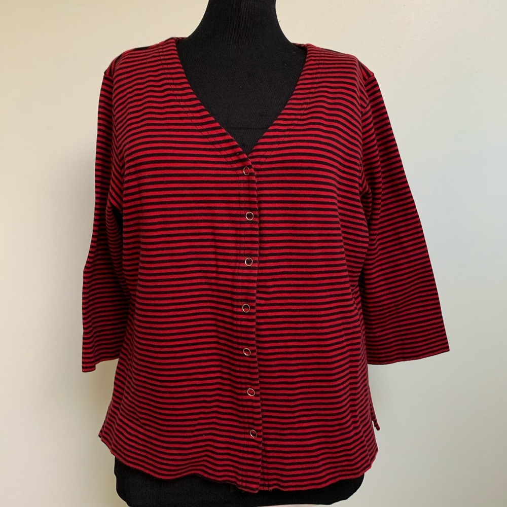 First Issue Liz Claiborne Sport Cardigan-Red Black Stripe-Cotton Spandex Blend-L
